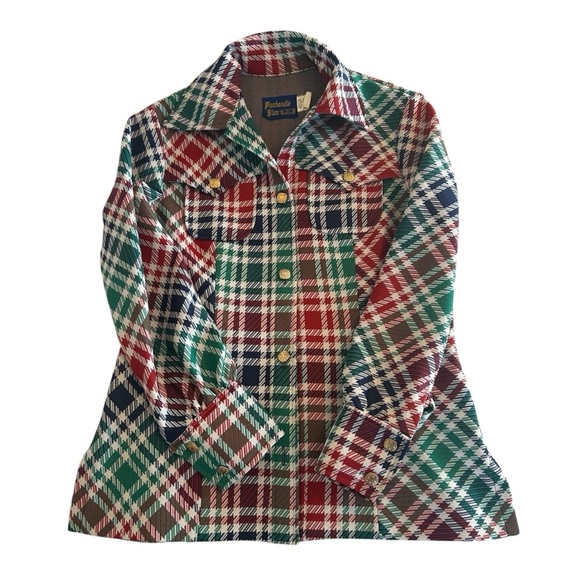 PANHANDLE SLIM VTG 70s Western Double Knit Plaid Shirt Jacket Shaket Sz M/L USA - Picture 5 of 16